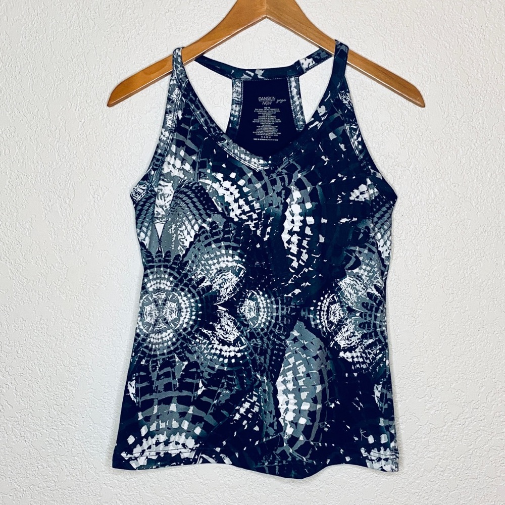 Danskin Now Yoga Workout Top w/ Builtin Support Black Gray Abstract 8-10 M
